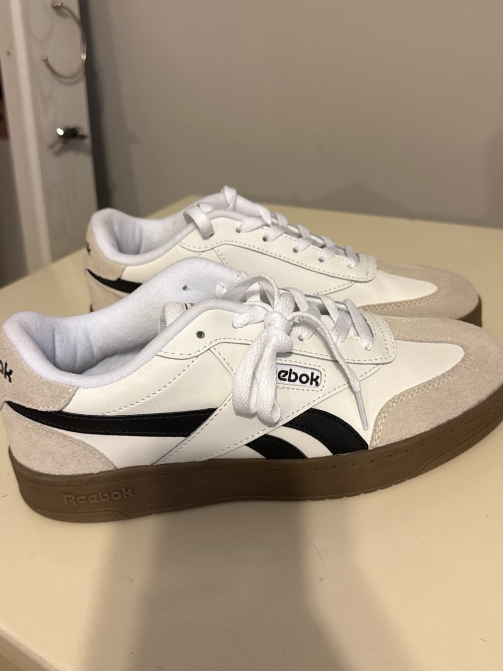 Reebok White Sneakers with Black Stripe and Gum Sole